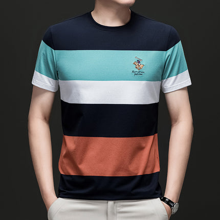 Mingdi Mouse Men's Summer New Business Casual Plus Size T-shirt Casual Round Neck Striped Short-sleeved Men's T-shirt