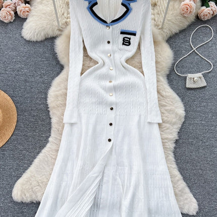 Cross-Border Aliexpress New Color-Blocked Lapel Knitted Dress Embroidered French-Style Long Dress Waist-Cinching Slimming Sweater Dress for Women