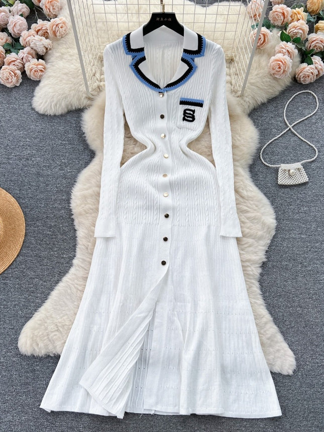 Cross-Border Aliexpress New Color-Blocked Lapel Knitted Dress Embroidered French-Style Long Dress Waist-Cinching Slimming Sweater Dress for Women