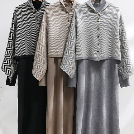 Cross-Border Women's Fashion Elegant Long-Sleeved Dress Autumn and Winter Set Women's Knitted Long Skirt Slimming Shawl Two-Piece Set