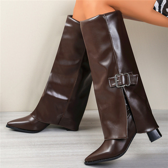 Over-The-Knee Fashion Boots for Women 2025 British Style with Belt Buckle Pointed Toe Chunky Heel Long Boots Foreign Trade Large Size Bootcut Boots