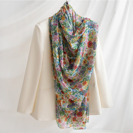 Autumn New Arrival Mulberry Silk Scarf for Women, Green Small Floral Shawl, Long Silk Scarf, Ready for Wholesale