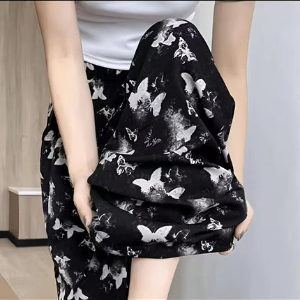 Foreign Trade Plus Size Middle-aged and Elderly Summer Thin Breathable Nine-point Flower Pants Mom Pants Ice Silk Loose Straight Pants
