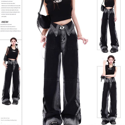 Black and Gray Gradient Cuffed Jeans for Women, Autumn 2025 New Slimming Drape Straight-Leg Floor-Length Pants