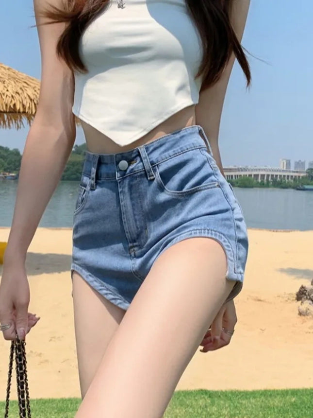 Hot Girls Denim Shorts Women's Design Sense Niche High Waist Slimming Legs Long Tight Hip Elastic Irregular Hot Pants