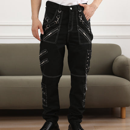 Chain Decoration Personality Casual Pants Men Gothic Pants Punk Rock Eyelet Cargo Pants Bondage Jeans