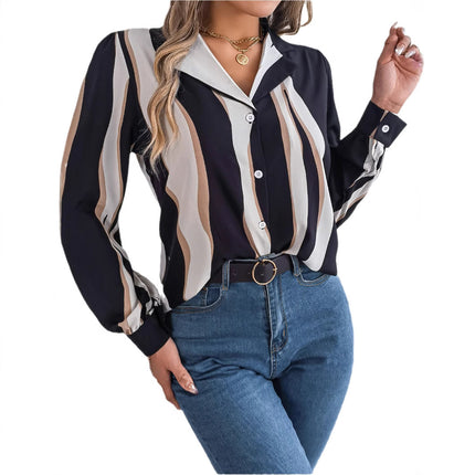 Real Shot of 2026 Spring/Summer European and American Casual Versatile Color-Block Striped Suit Collar Long-Sleeve Shirt for Women, Available on Independent Cross-Border Platforms