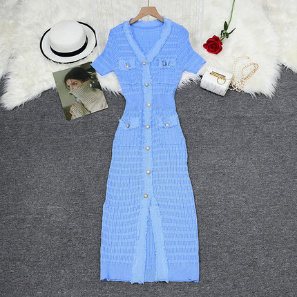 S Brand European and American Cross-Border Spring/Summer New V-Neck Short-Sleeve Dress 2026 French Socialite Women's Clothing Waist-Cinching Slit Long Dress