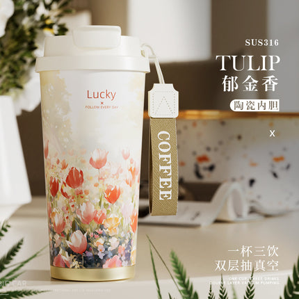 New Ceramic Thermos Coffee Cup for Girls, a Lucky Charm with High Aesthetic Value, Double Drinking Cup, Lily of the Valley Gift Cup