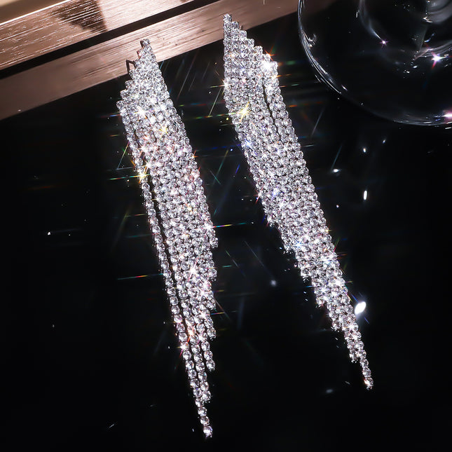 Fashion Versatile Long Tassel Earrings for Women, Super Shiny Full Diamond Niche Style, High-End Luxury Party Earrings, Exquisite