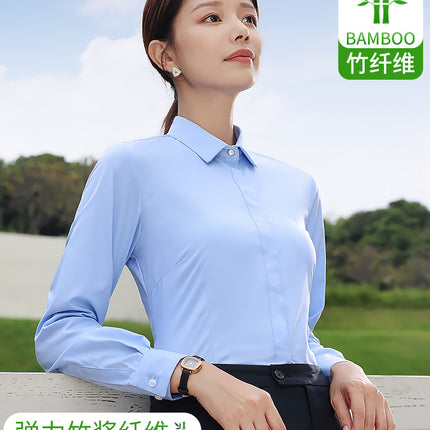 Bamboo fiber stretch shirt Women's Blue business formal wear non-ironing anti-wrinkle long sleeve shirt white work clothes business wear