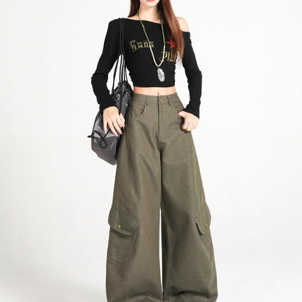 Army Green Silhouette Scimitar Workwear Casual Pants for Women, New Autumn American High Street Loose Drape Wide-Leg Floor-Length Pants
