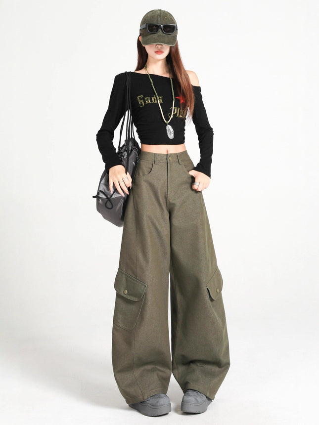 Army Green Silhouette Scimitar Workwear Casual Pants for Women, New Autumn American High Street Loose Drape Wide-Leg Floor-Length Pants