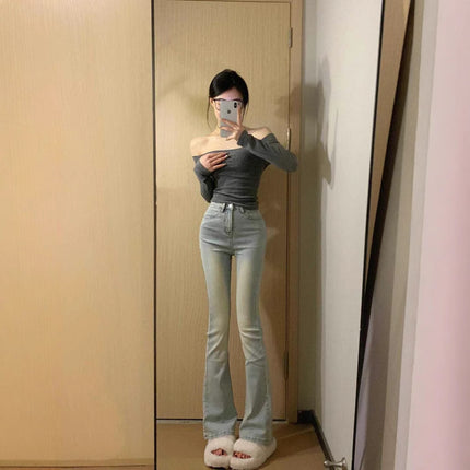light blue Stretch High Micro-flared Jeans Women's Spring and Autumn New High Waist Loose Slim-fit All-match Trendy Trendy Mop Pants