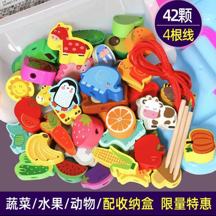 Cross-border Wooden Beads 100 Infant Wooden Rope-wearing Educational Mentation Training Building Blocks Toys for 1-6 Years Old Boys and Girls