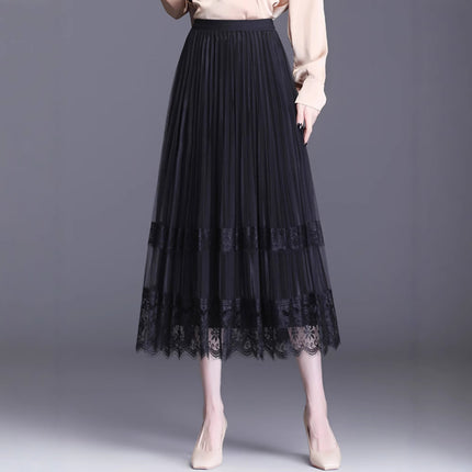 plus size Women's 2025 Fat Sister Summer New Heavy Industry Embroidered Large Flower Mesh Skirt Slim A- line Long Skirt