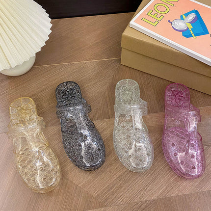 Princess Transparent Slippers Women's Outer Wear Summer New Hollow Flat Baotou Sandals and Slippers Bath Plastic Shoes
