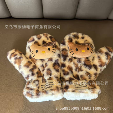 Leopard Print Cat Gloves Women's Winter Plush Gloves Student Cold-Proof Cycling Warm Fleece-Lined Thickeneding 2024 New Style