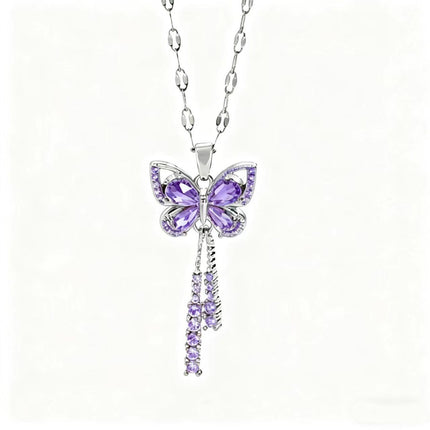 [Titanium Steel] Tassel Butterfly Light Luxury Fashion Simple Hollow Exquisite Necklace Women's All-match Collarbone Chain Pendant