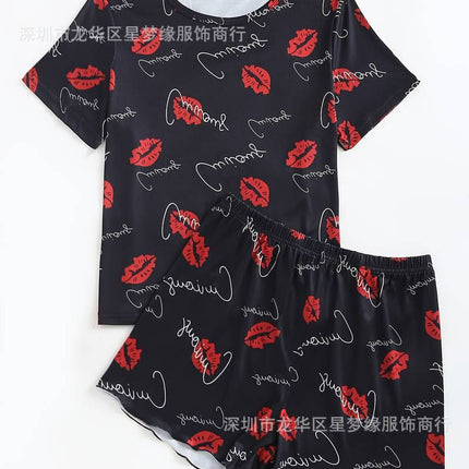 Red Lip and Letter Print Pajamas suit Short-Sleeve Round Neck Top and Stretch Shorts Women's Pajamas and Home Wear