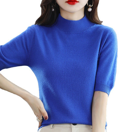Spring and Autumn New Style Half Turtleneck Mid-Sleeve Bottoming Shirt Thin Knitwear Women's Loose Knitted Knitwear Short-Sleeved Three-Quarter Sleeve Top