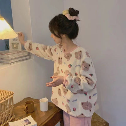 2024 New Autumn and Winter Coral Velvet Cartoon Stripesd Women's Pajamas Thickeneded and Wearable Home Wear Set