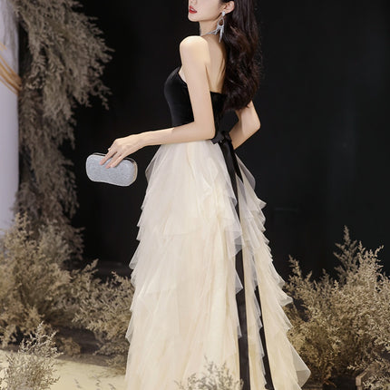 High-end Evening Dress Mesh Patching Dress Women's High-end Texture Socialite Strapless Black Elegant New Style Women's Long Dress
