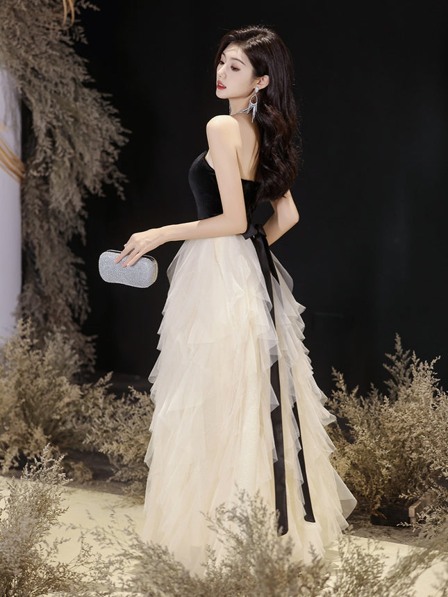 High-end Evening Dress Mesh Patching Dress Women's High-end Texture Socialite Strapless Black Elegant New Style Women's Long Dress