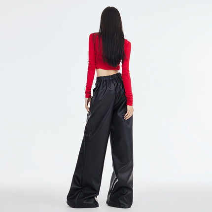 Eye-Catching Moment 2025 Autumn and Winter Versatile American Retro Elastic Waist Wide-Leg Casual Loose Black Leather Pants
