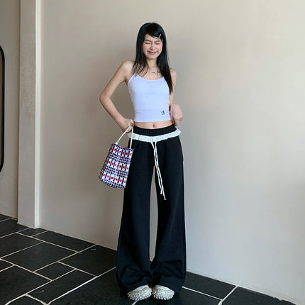 Lazy Casual Spice Girl Style Lace Contrast Color Design Sense Low Waist Dumping Sense Mop Loose Micro-horn Sports Pants for Women