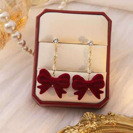 925 Silver New Wine Red Flocking Earrings Elegant Atmosphere Bow Rose New Year Spring Festival Chinese Style Earrings