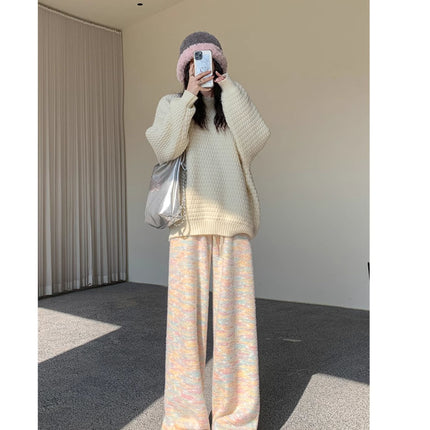 Rainbow Glutinous Rice Pants Women's Autumn and Winter 2024 New High Waist Dape Soft Glutinous Wide-leg Pants Casual Knitted Fleece-added Pants