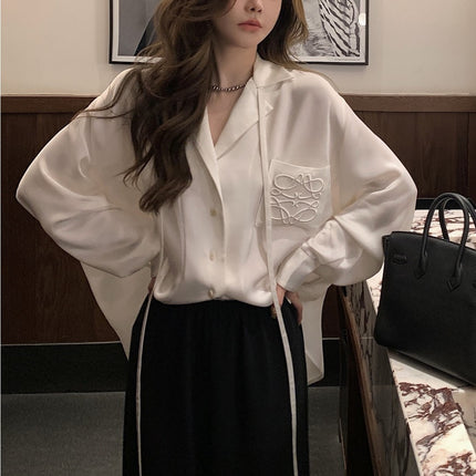 Spring and Summer Lo*We Acetate Shirt Women's High-End Satin Gloss 18,000 Needle Embroider Shirt Cardigan