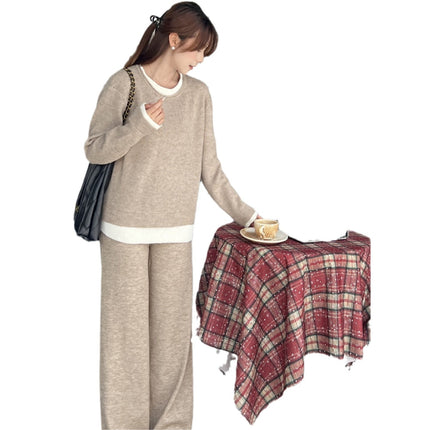 2025 New Autumn and Winter Sweater Women's Suit Pure Color Round Neck Knitted Fake Two-Piece Set Lazy Sweater Set