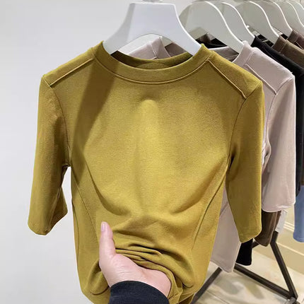 Fishbone Short-Sleeved T-Shirt for Women 2025 Spring New Design Sense of Design Slimming Look Elastic Mid-Sleeve Top T-Shirt