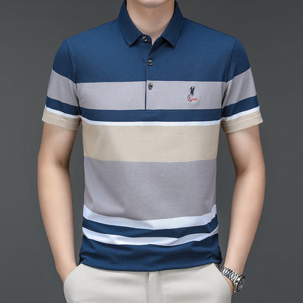 Mingdi Mouse Men's Summer New Pure Cotton Short-sleeved Men's T-shirt Striped Casual Lapel Large Size Men's Polo Shirt
