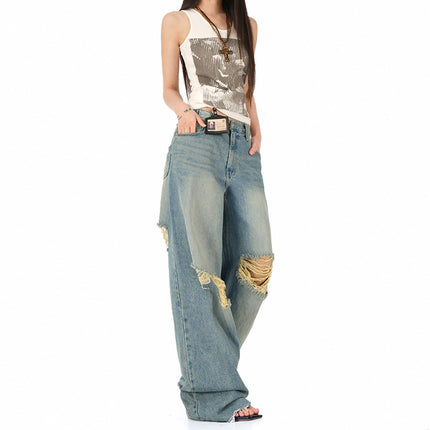 Raccoon House # 2025 Summer New Ripped Jeans Women's American Retro High Waist Loose High Street Drape Straight Pants