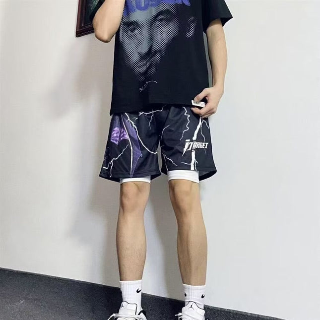 Men's American-Style Shorts with Lightning Bolt Design, Trendy Basketball Sports Shorts, Knee-Length Running Fitness Casual Pants