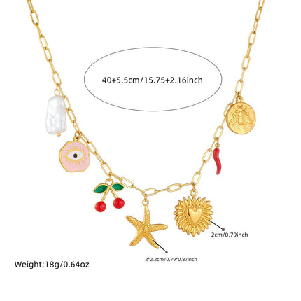 Korean Style Fashionable Sweet Fresh Cute Eyes Pink Oil Dripping Cherry Gold-Plated Heart Round Starfish Clavicle Necklace