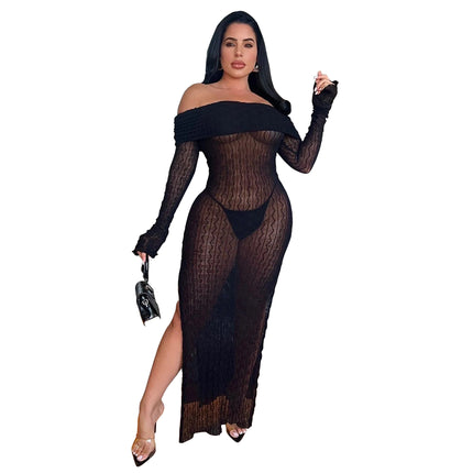 K10782 Amazon AliExpress cross-border women's clothing wholesale one-word collar long sleeve perspective split European and American dress new