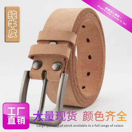 Men's Leather Belt with Pin Buckle, Natural Color, 100% Genuine Leather, First-Grade Cowhide, Without Buckle Head
