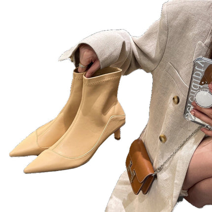 2025 Spring and Autumn New Retro Patchwork Pointed Toe Short Boots Women's Autumn New Soft Leather Kitten Heel Stretch Slim Boots