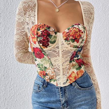 Fishbone Cross-Border European and American French Retro New Style Square-Neck Spicy Girl Top with Printed Lace Splicing Long Sleeves Sexy Inner Wear