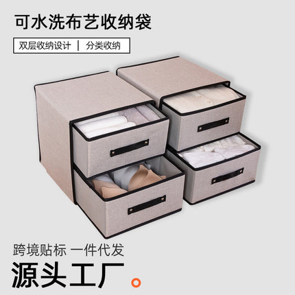 Cross-border Fabric Two-layer Drawer Storage Box Washable Imitation Cotton and Linen Bra Underwear Storage Box