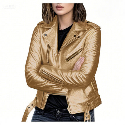 Cross-Border 2026 New European and American Style Motorcycle Leather Jacket, Spring and Autumn Women's Short Slim-Fit Leather Coat