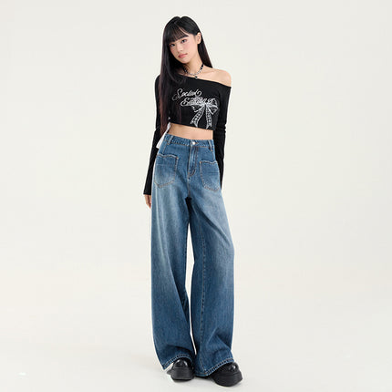 Vintage All-match Loose Wide-leg Jeans Women's 2025 Spring New Style Straight Slim-fit High Waist Mop Pants