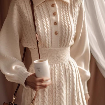 New Stylish White Cable Knit Dress for Women 2025 Autumn and Winter New Trendy Waist-Cinching Slimming Sweater Dress