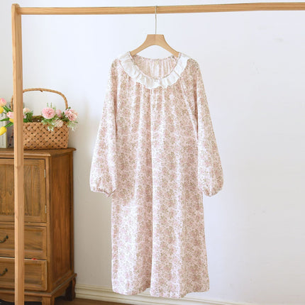 Women's Cotton Crepe Long Sleeve Lace Crewneck Nightdress Spring and Autumn Princess Style Seersucker Pajamas Outer Wear Home Dress