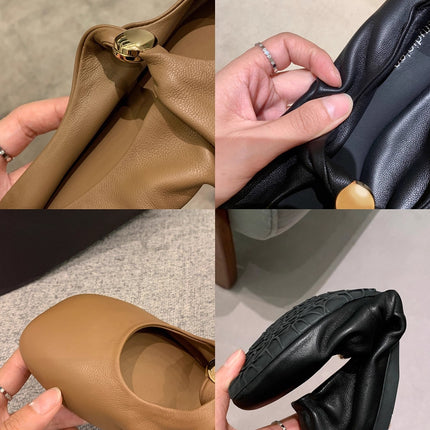 Grape Mom's Same Style Super Soft French Twist Small Gold Buckle Fashionable Apple Head Soft Waxy Goatskin Low-Heeled Shoes for Women Spring & Fall