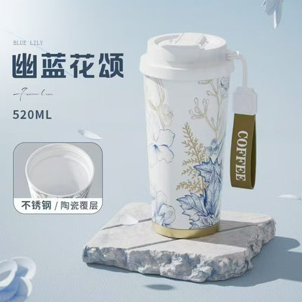 New Ceramic Thermos Coffee Cup for Girls, a Lucky Charm with High Aesthetic Value, Double Drinking Cup, Lily of the Valley Gift Cup